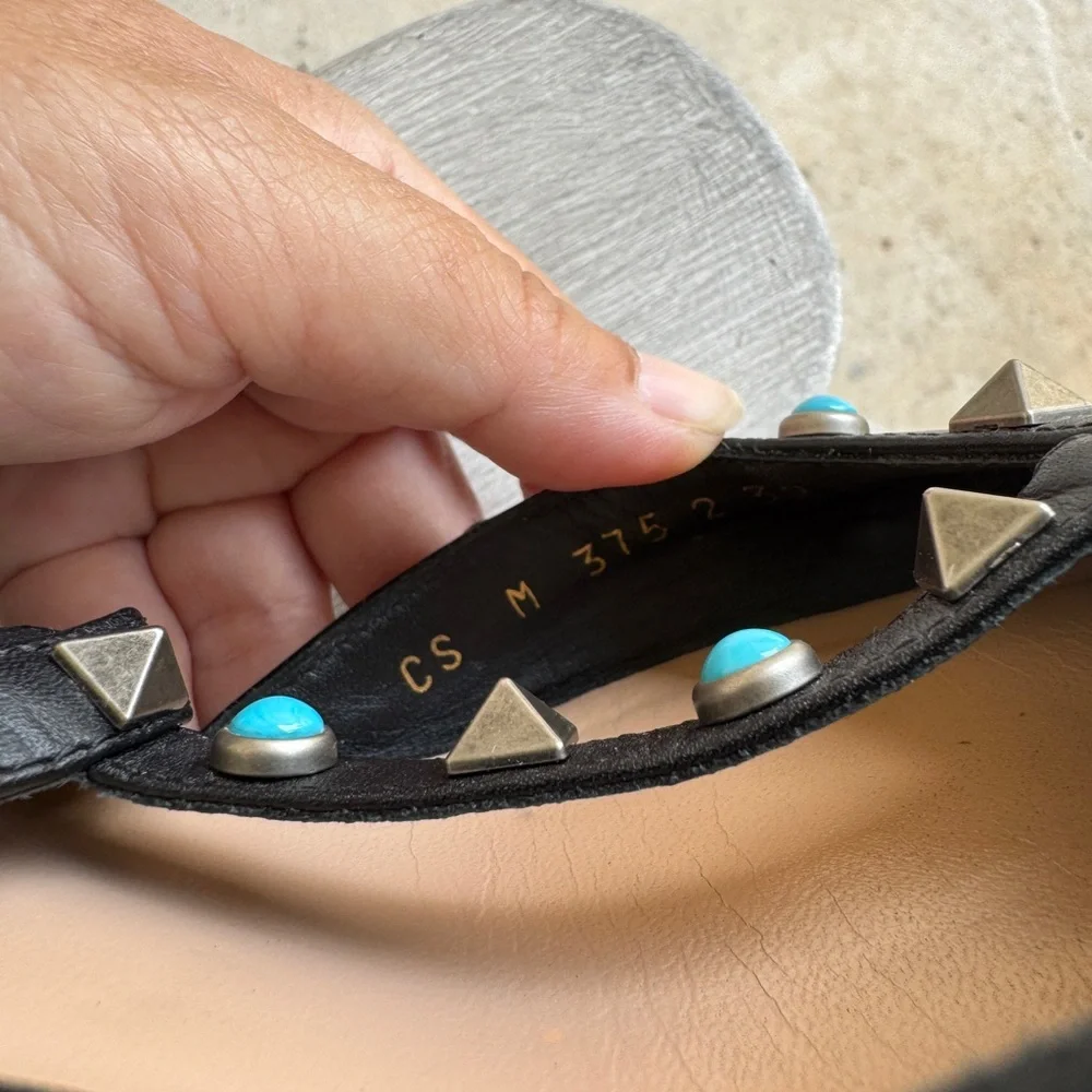 Valentino Black Leather Pointed Flats with Turquoise Stud Accents
